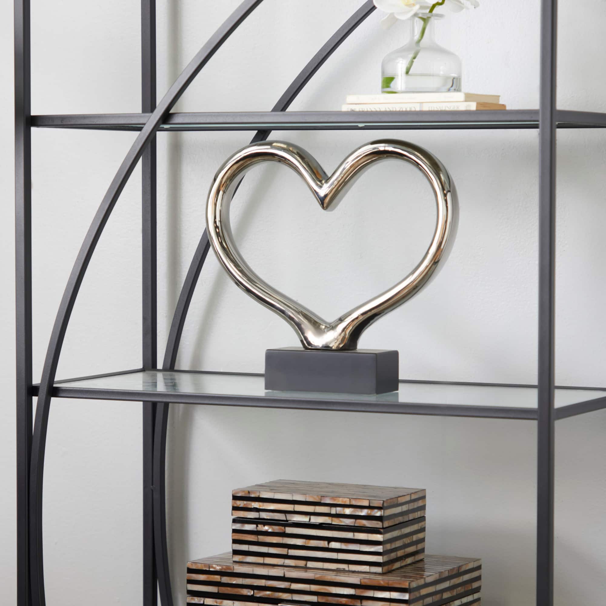 12" Silver Ceramic Contemporary Heart Sculpture